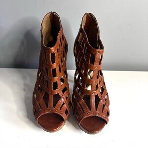 Call It Spring - Open Toe Heels, Strappy, Brown Leather, Studded, Zip (back) 8.5